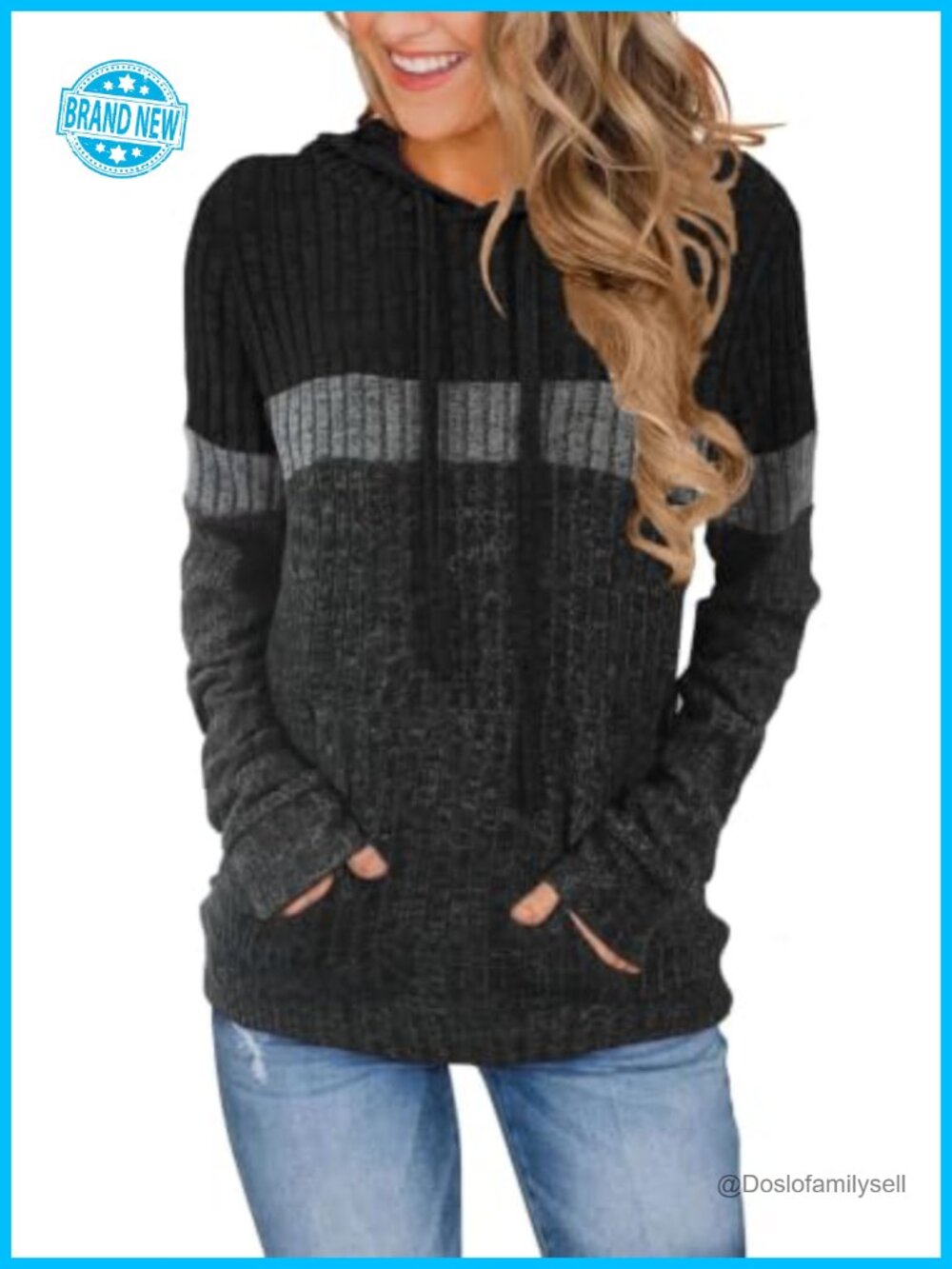 Women's Cozy Textured Knit Hoodie Colorblock Pullover Sweater